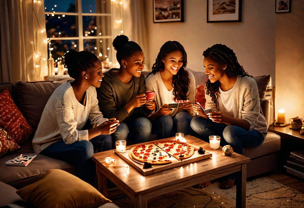A cozy living room scene showcasing a couple enjoying a candlelit game night with a mix of board games and video games spread out on a stylish coffee table. Soft fairy lights twinkle in the background and a heart-shaped pizza sits on a plate, enhancing the romantic atmosphere. Include warm colors and playful details like a stuffed animal or romantic decor. super-realistic. warm tones. cozy ambiance.