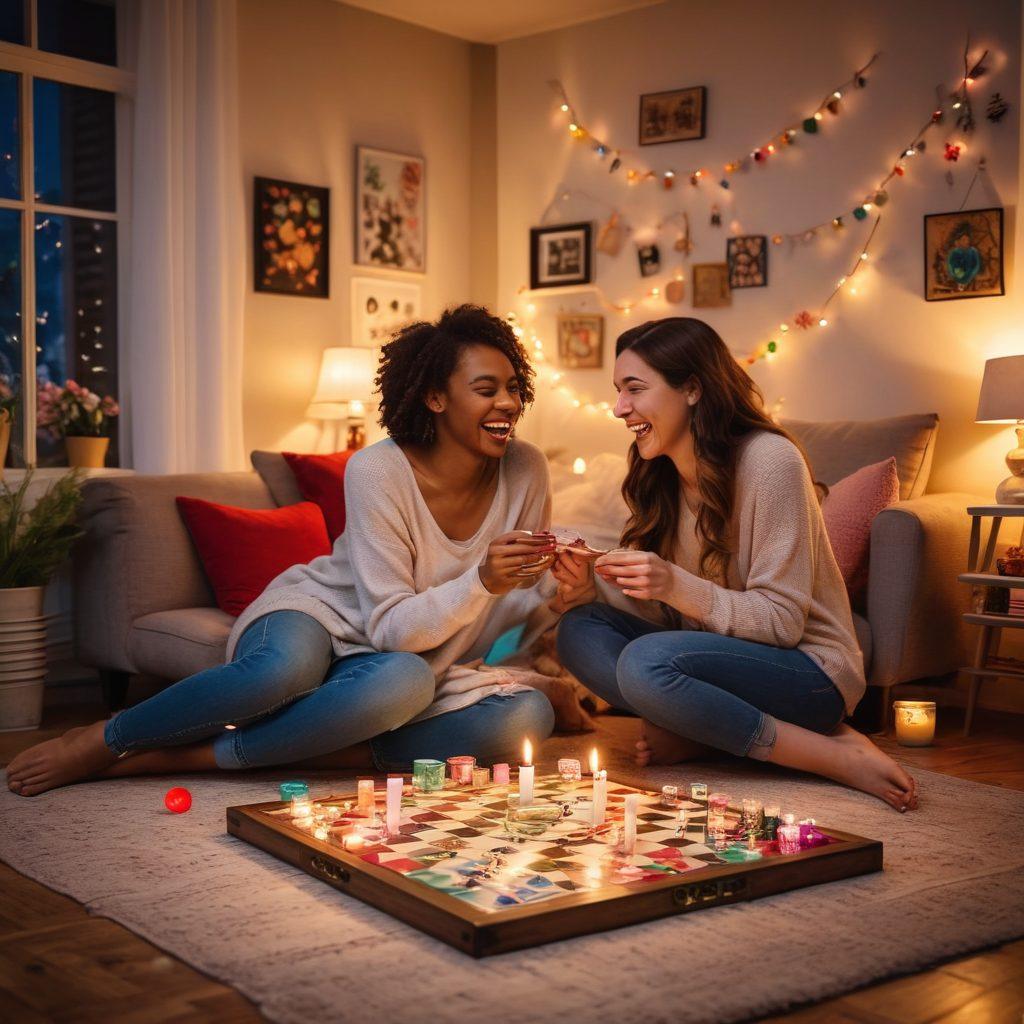 A cozy living room scene featuring a couple laughing and playing various colorful board games together, surrounded by fairy lights and heart-shaped decorations. A backdrop of romantic elements like candles and flowers creates a warm atmosphere. Include playful game pieces scattered around, depicting joy and connection. painterly style. vibrant colors. warm lighting.