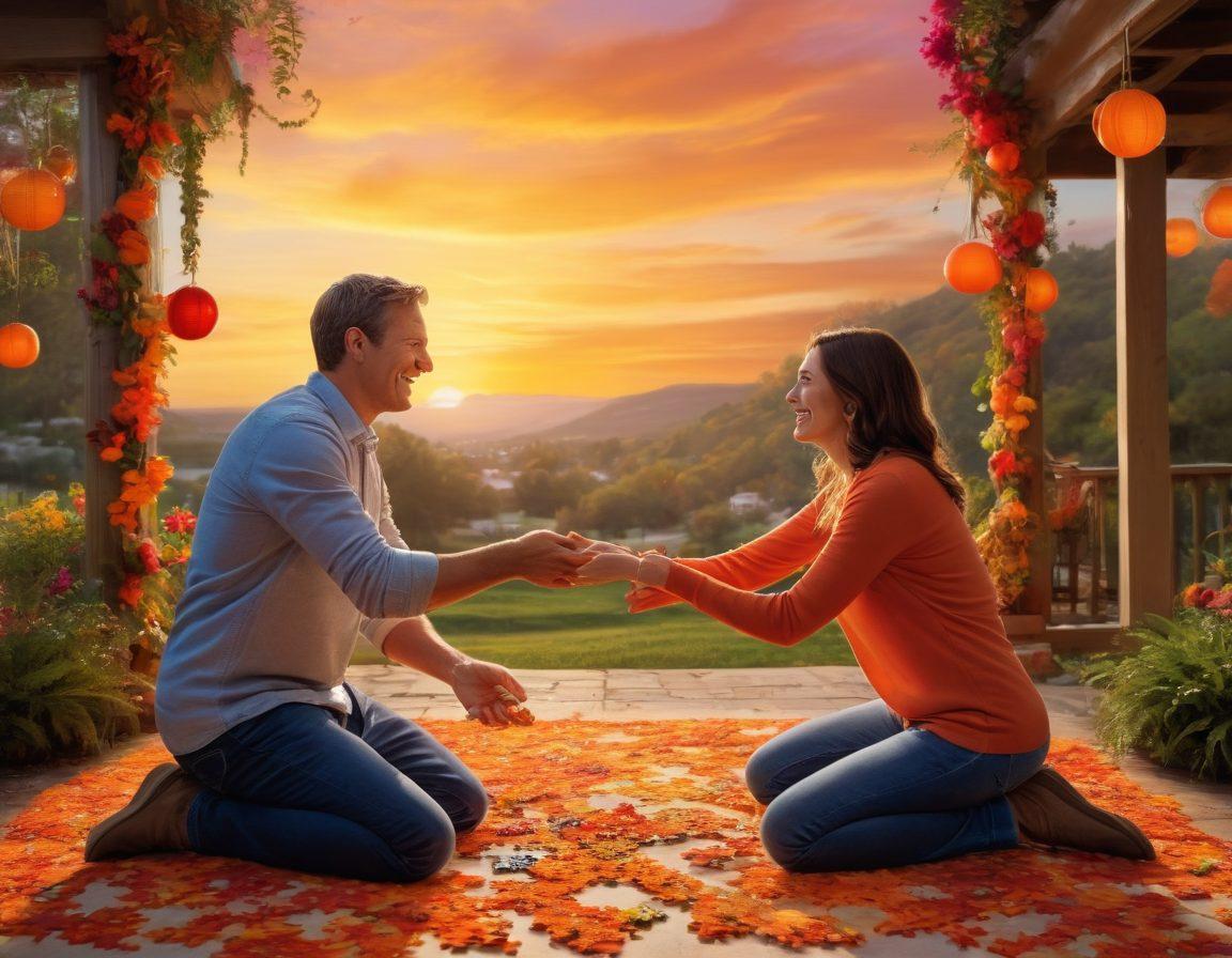 A joyful couple engaging in various fun challenges, such as a playful food fight, a trust fall, and a puzzle-solving activity, surrounded by a vibrant outdoor setting filled with colorful decorations and laughter. A soft sunset in the background enhances the warmth of their connection. The scene conveys love, teamwork, and adventure, inviting viewers to feel the bond of their relationship. vibrant colors. super-realistic.
